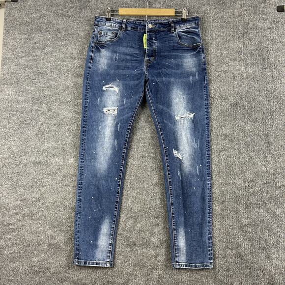 Dsquared2 Jeans Men 52 Classic Kenny Twist Slim Distressed Blue Denim Streetwear